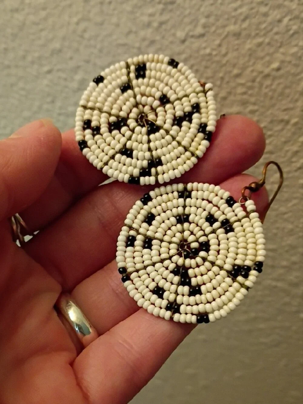 Handmade White & Black Beaded Round Drop Earrings